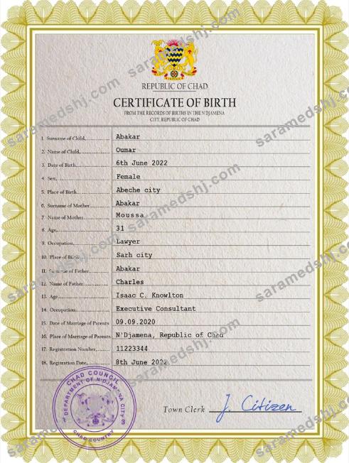 Chad vital record birth certificate PSD template